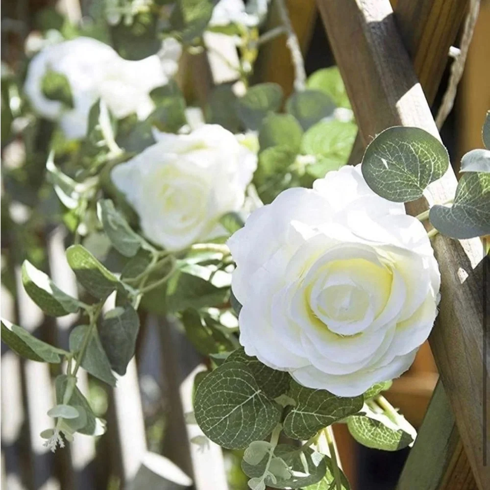 White Rose Eucalyptus Leaves Vine Wedding Arch Table Garland Greenery 6 Feet